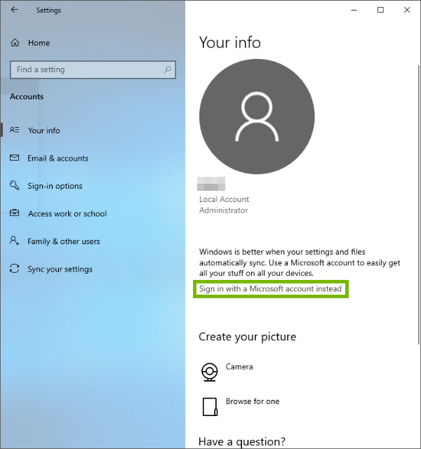 Sign in with a Microsoft account instead