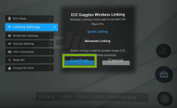 Confirm option highlighted on linking method prompt in goggles user interface.