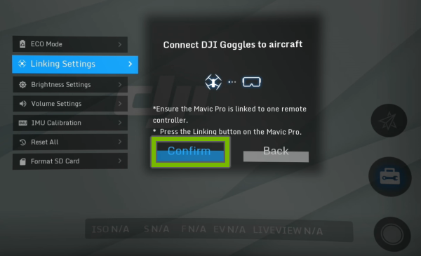 Confirm option highlighted on instructional prompt in goggles user interface.