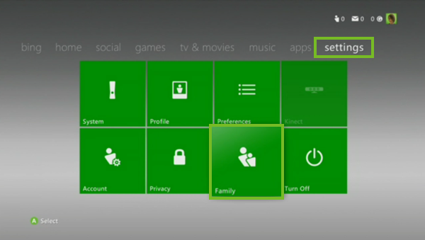 Xbox 360 settings and family