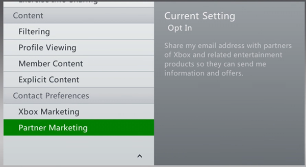 Xbox 360 contact preferences