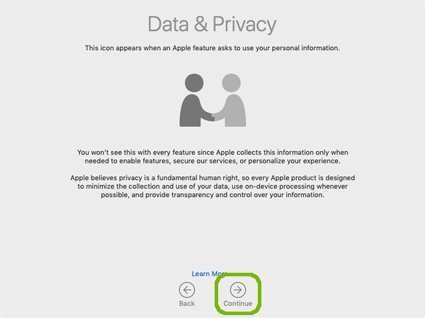 Data and Privacy notice with continue highlighted.