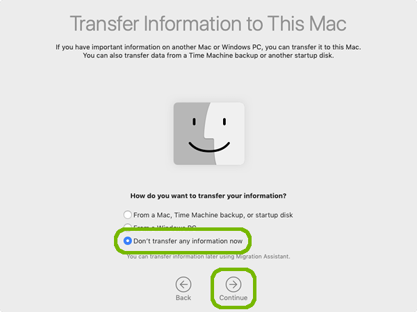 Transfer data to Mac with Don't transfer and continue highlighted.