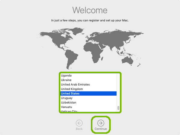 Welcome screen, with country selection and continue highlighted.