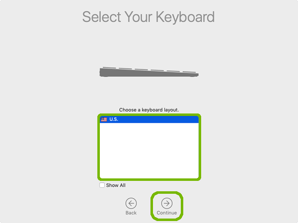 Keyboard layout selection with continue highlighted.