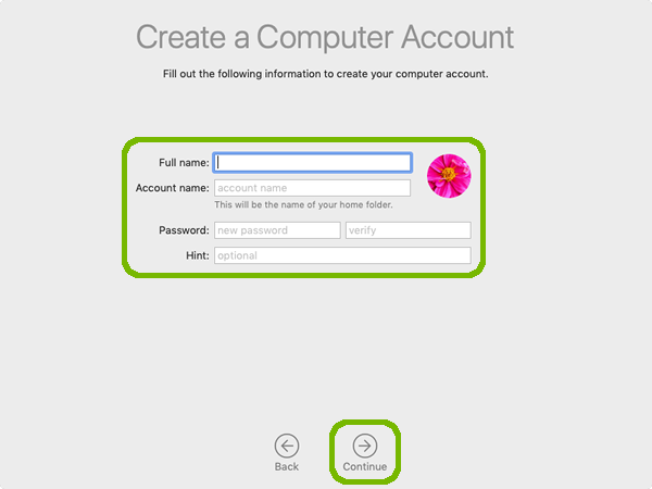Create account with account info and continue highlighted.