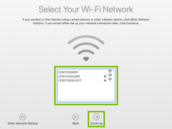 Wi-Fi Network selection screen with list of available networks and the Continue button highlighted