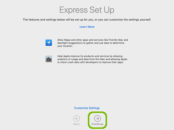 Express setup with continue highlighted.