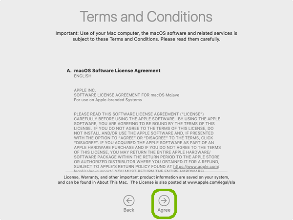 Terms and conditions with Agree highlighted.