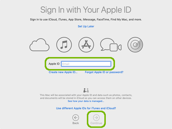 Apple ID sign in with continue highlighted.