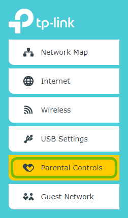 Parental Controls option highlighted in menu of TP-Link router web interface.