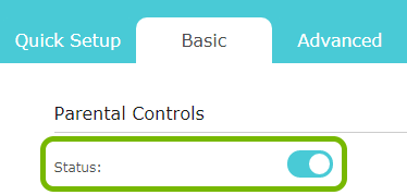 Status toggle option highlighted in menu of TP-Link router web interface.