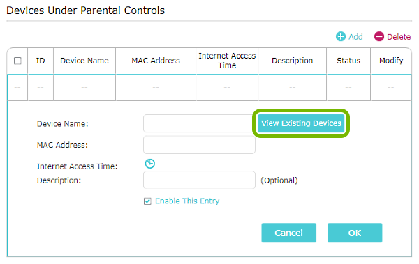 View Existing Devices button highlighted in Parental Controls screen of TP-Link router web interface.