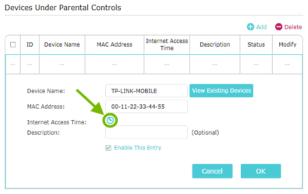 Schedule icon highlighted in Parental Controls screen of TP-Link router web interface.