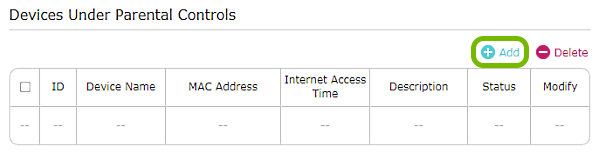 Add option highlighted on Parental Controls screen of TP-Link router web interface.