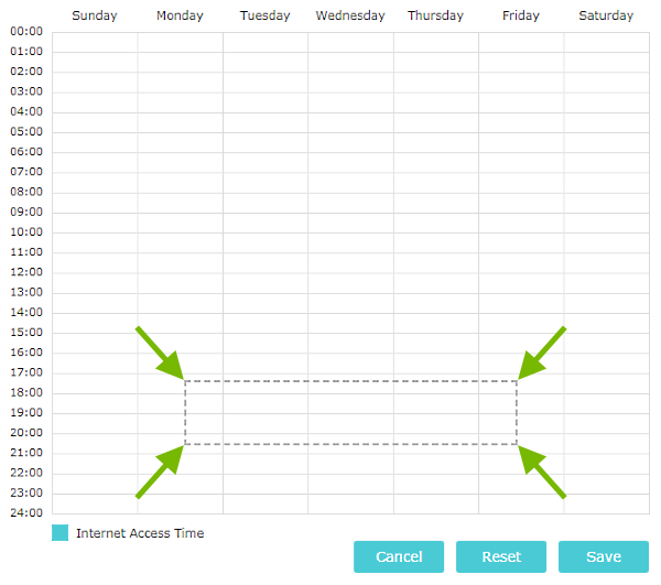 Arrows pointing out selection area in timetable.
