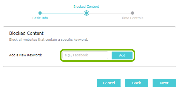 Keyword entry field and Add button highlighted on Parental Controls screen of TP-Link router web interface.