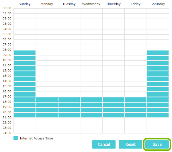 Timetable showing allowed time slots for internet access in Parental Controls configuration of TP-Link router web interface. Save button highlighted at the bottom.