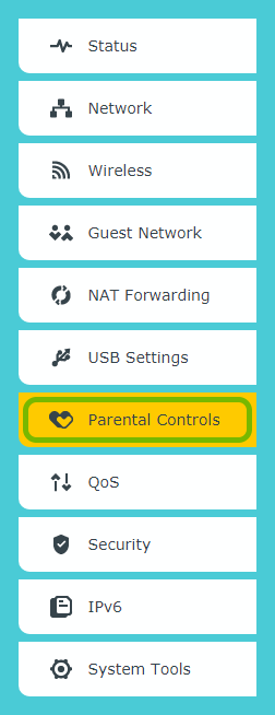 Parental Controls option highlighted in menu of TP-Link router web interface.