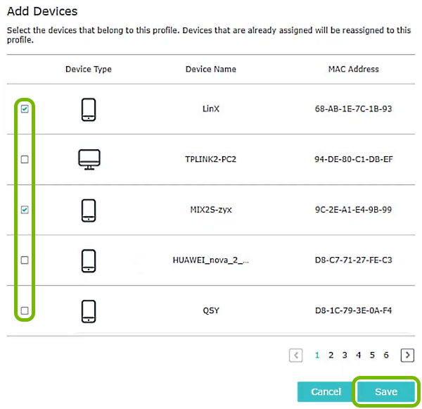 Checkboxes and Save button highlighted on device selection prompt for Parental Controls.