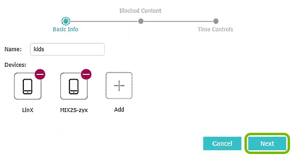 Next button highlighted on Parental Controls screen of TP-Link router web interface.