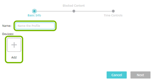 Profile name entry field and Add option highlighted on Parental Controls screen of TP-Link router web interface.