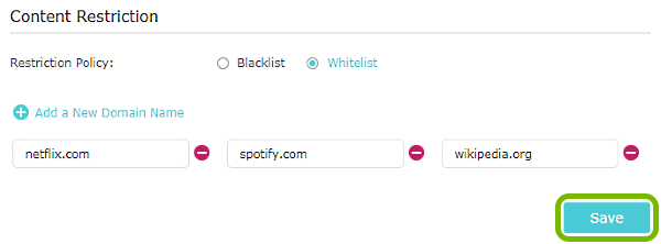 Save button highlighted on Blacklist settings of TP-Link router web interface.