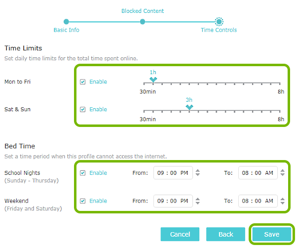 Time controls customization options and Save button highlighted on Parental Controls screen of TP-Link router web interface.