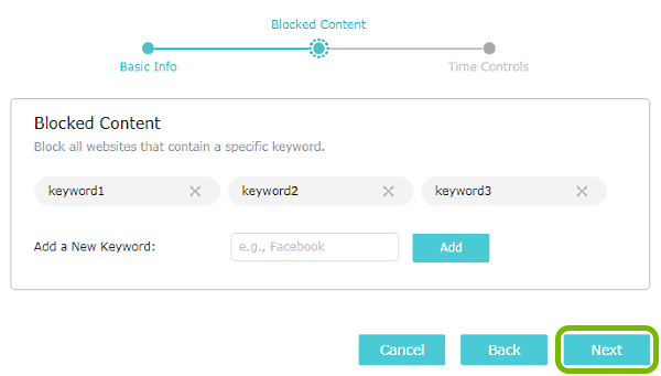 Next button highlighted on Parental Controls screen of TP-Link router web interface.