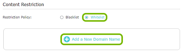Whitelist and Add a New Domain Name options highlighted in Content Restriction settings of TP-Link router web interface.