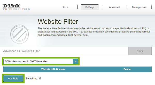 Rule type selection box and Add Rule button highlighted on Website Filter page of D-Link router web interface.