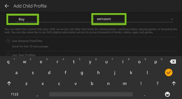 Selecting the child's birthdate and gender