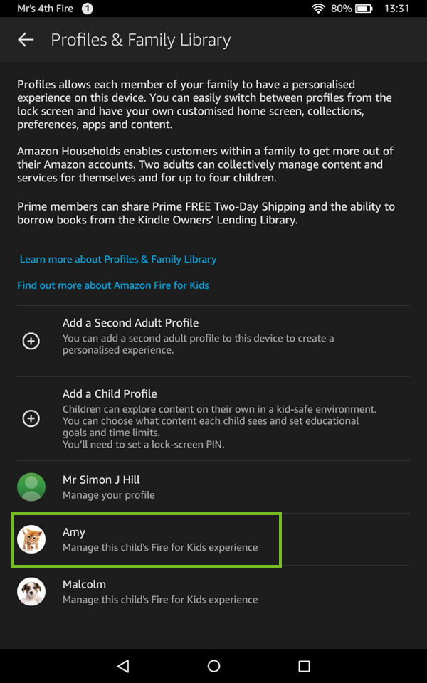 Child account selected