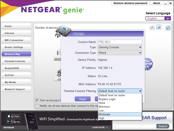 Device status popup displaying available filtering levels.