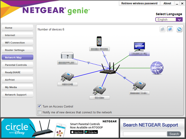 Network map displaying connected devices.