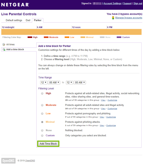 Bypass account time block screen highlighting the add time block button.