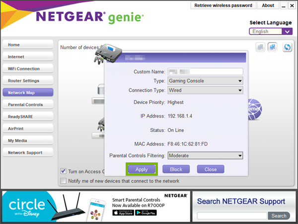 Device status popup highlighting the apply button.