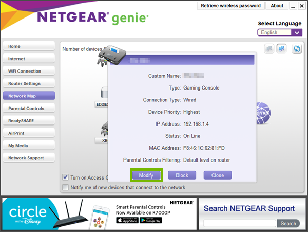 Device status popup highlighting the modify button.