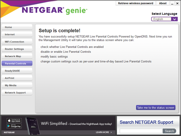 Netgear genie software displaying a confirmation screen.