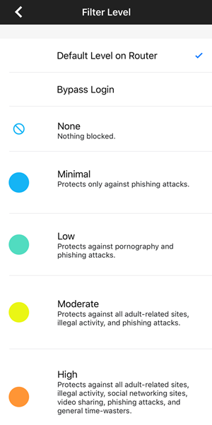 Available parental control filtering levels.