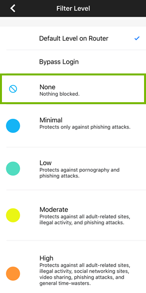 Parental control filtering levels highlighting the none option.