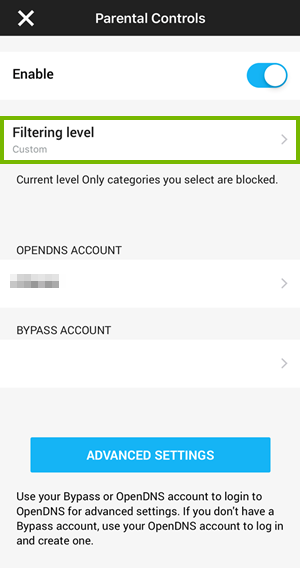 Genie app parental controls screen highlighting the filtering level field.