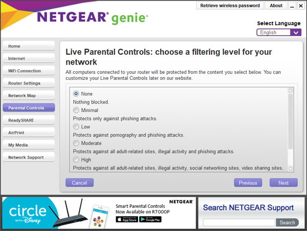 Netgear Genie app displaying parental control filtering levels.