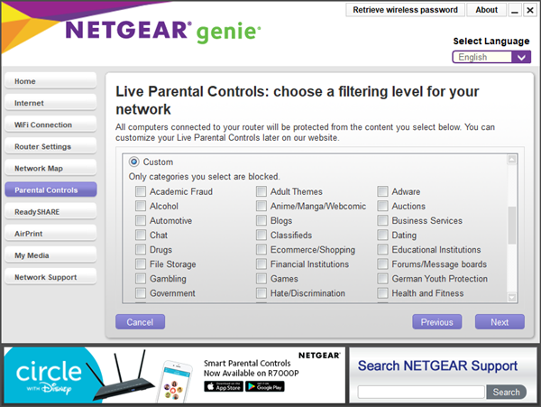 Netgear genie parental control filtering levels displaying the custom field and available categories.