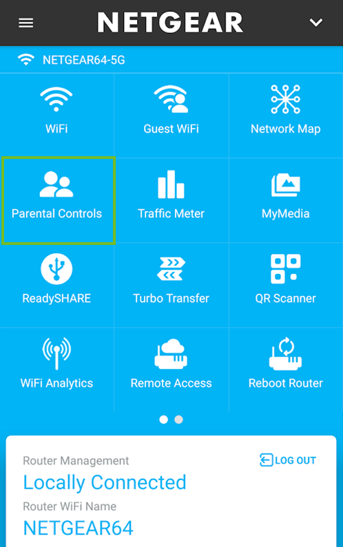 The netgear genie app showing the parental controls button