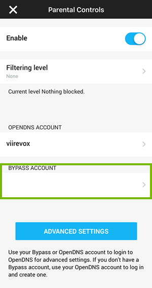 Genie app highlighting the bypass account field.