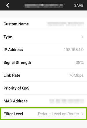 Device details screen highlighting the filter level field.