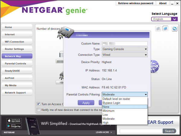 Device status popup with filtering levels shown.