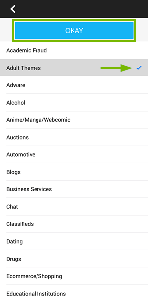 Custom filtering category list highlighting the check mark and okay button.