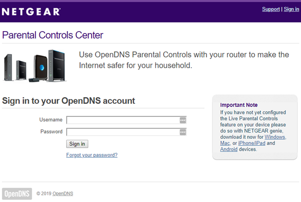 OpenDNS login screen.